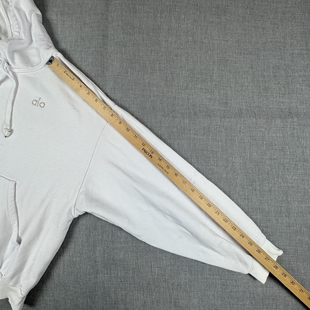 Alo Cropped Hoodie Womens Large White Fleece Kangaroo Pocket Pullover Sweatshirt - Picture 9 of 9